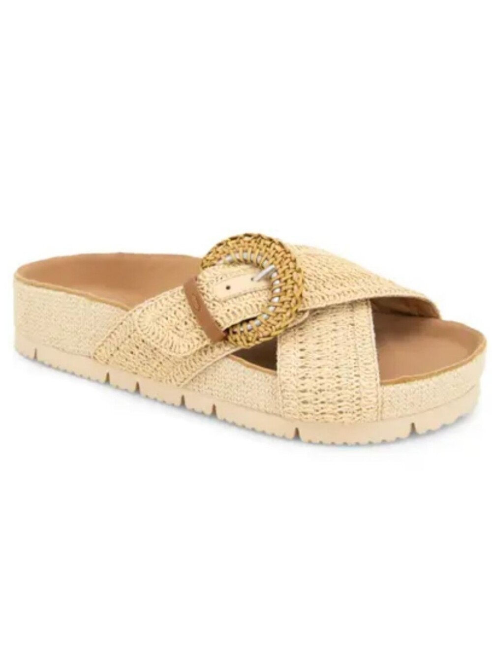 Gentle Souls Louisa Buckle Sandals Raffia Beige Boho Slides Flats Summer Tan